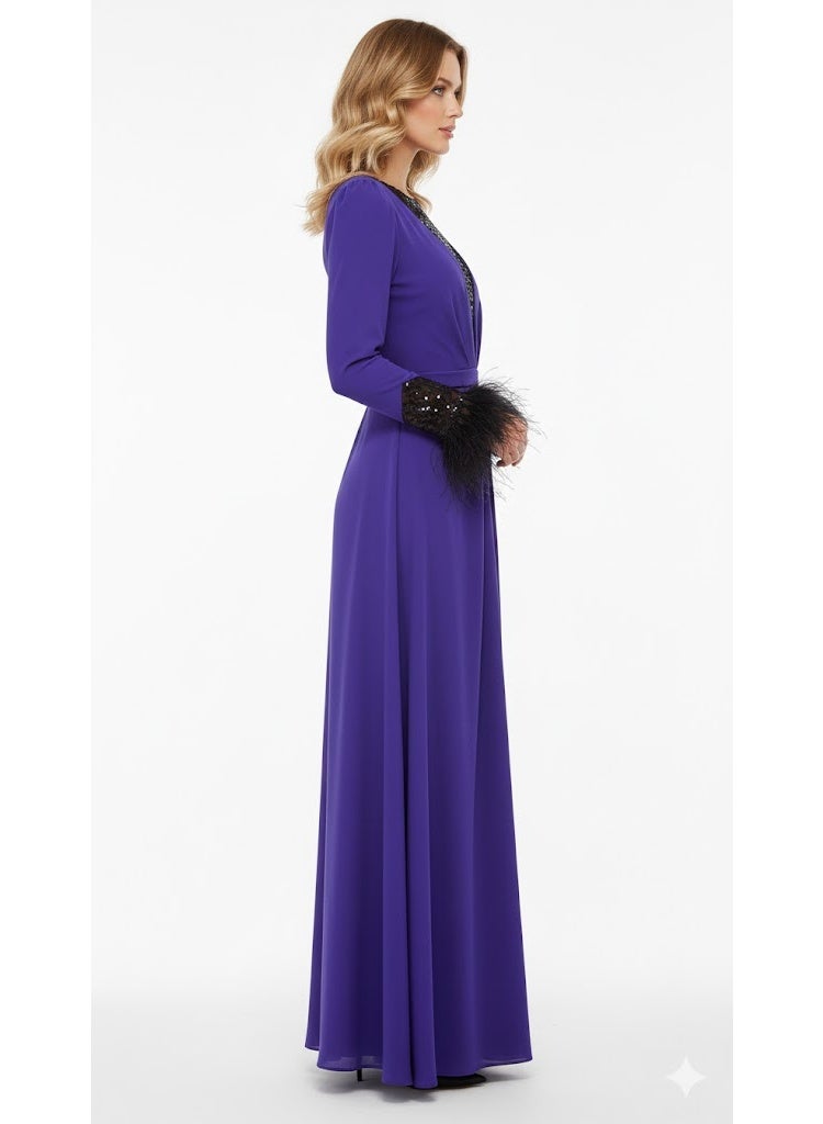 FULL JOY Elegant Maxi  Evening Dress  with Embroidered Black Lace With Long sleeves; Fashion and Modern Dress. - Image 2